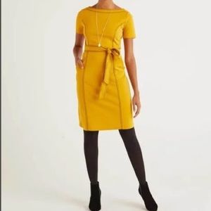 Boden Chartreuse Yellow Cotton Rebecca Ponte Tie Black Stitching Dress 2